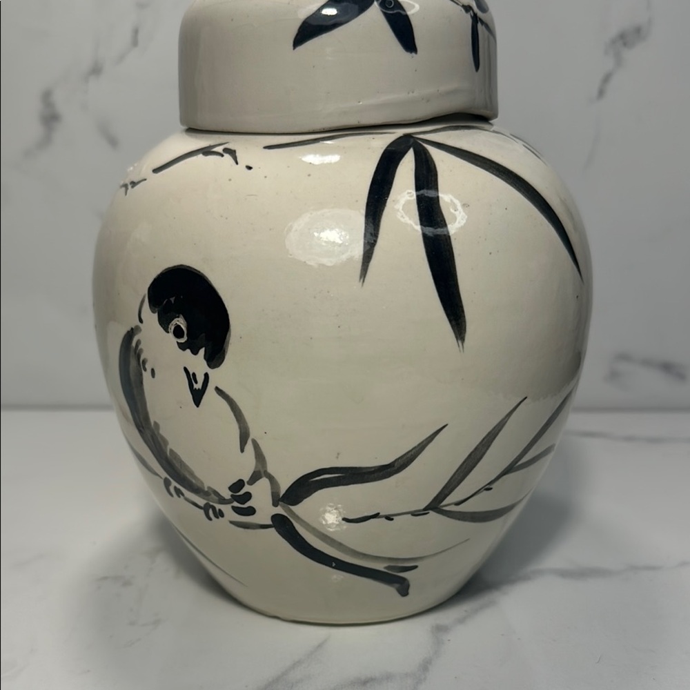 Black and White Ceramic ginger  Vase with Minimalist Design birds and bamboo